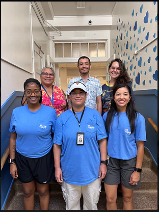 TOP ROW: Jenny Day (Librarian), Diego Rincon (Music Teacher), Elizabeth Wilborn (Art Teacher) BOTTOM ROW: Monet Stancil (PE Coach), Denise Martinez (PE Teacher Assistant), and Librada Wyss (PE Coach)